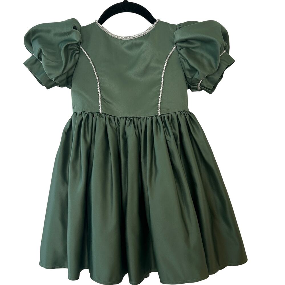 Girls Holiday Dress Green Puff Sleeve with Bow Sz. 4 Birthday Pageant Formal
